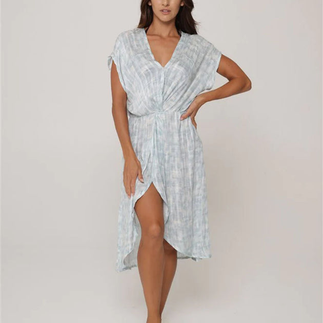 Tiered V Neck Gauze Dress w/ Button Detail & Bell Sleeves- Lagoon