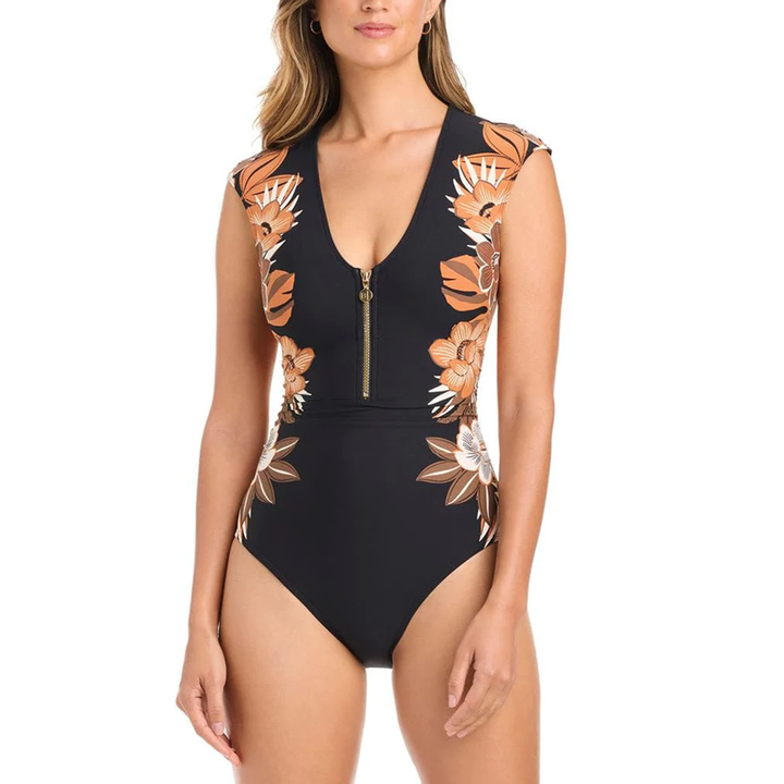 Moody Blooms Cap Sleeve One-Piece Swimsuit Black