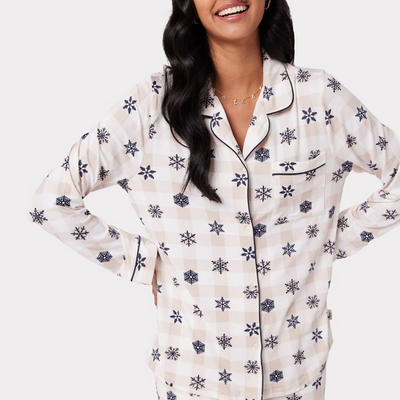 Cream Gingham Snowflake Print Long Pyjama Set