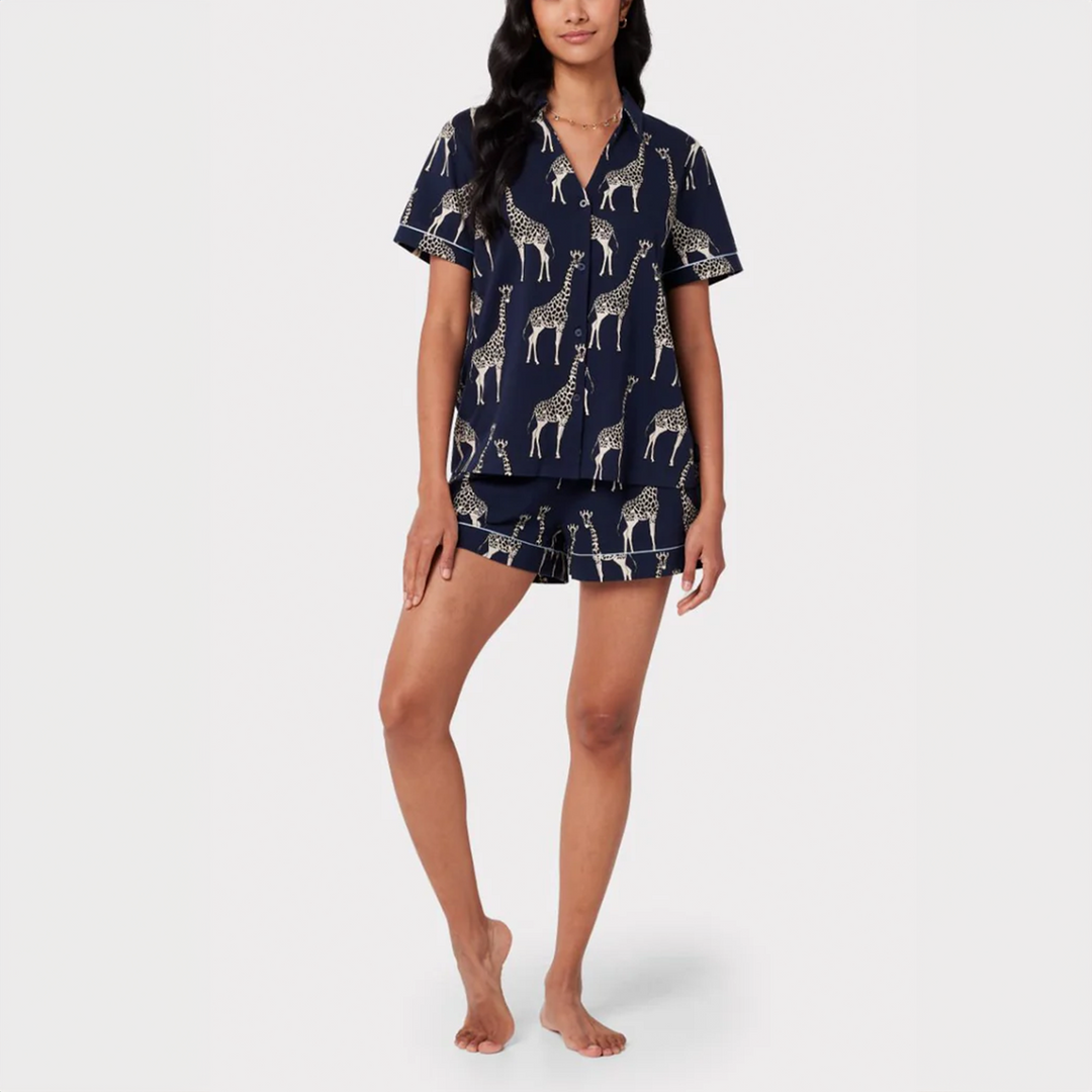 Navy Giraffe Print Organic Cotton Short Pajama Set