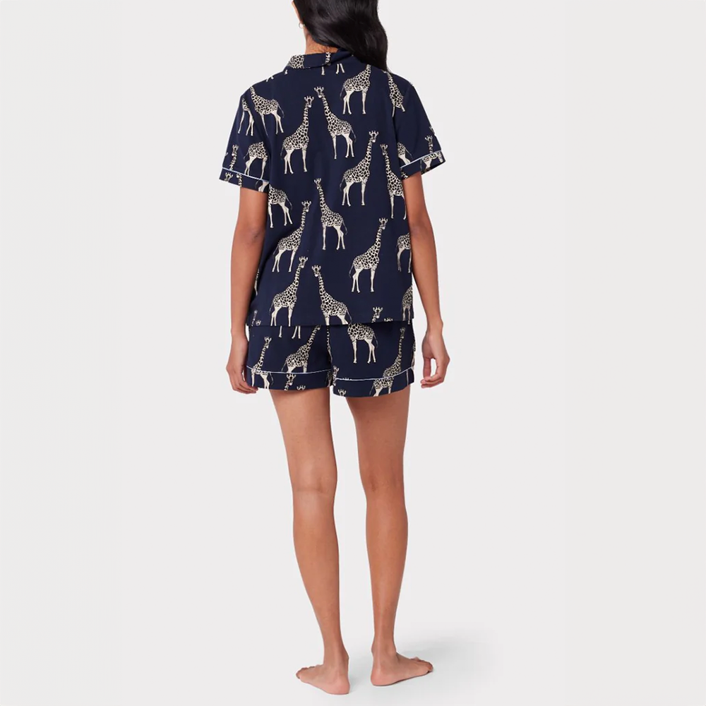 Navy Giraffe Print Organic Cotton Short Pajama Set