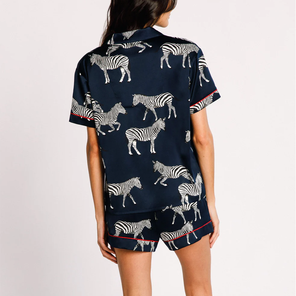 Satin Navy Zebra Print Short Pyjama Set