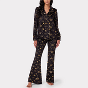 Velour Black & Gold Metallic Foil Star Print Long Pyjama Set