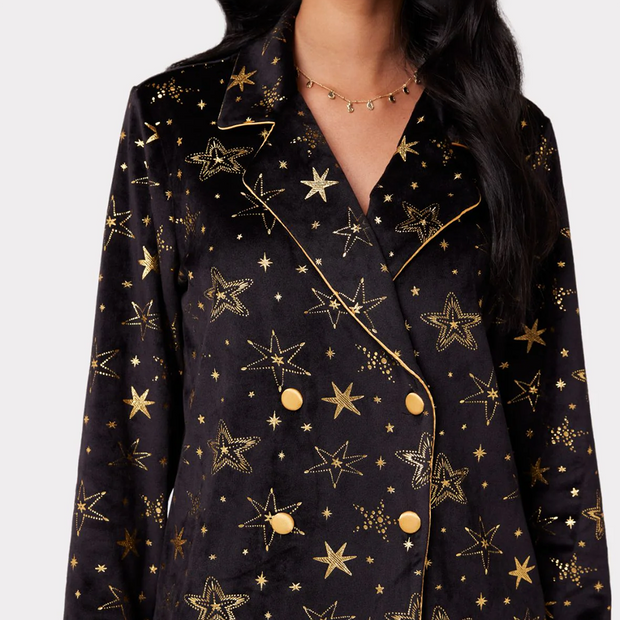 Velour Black & Gold Metallic Foil Star Print Long Pyjama Set