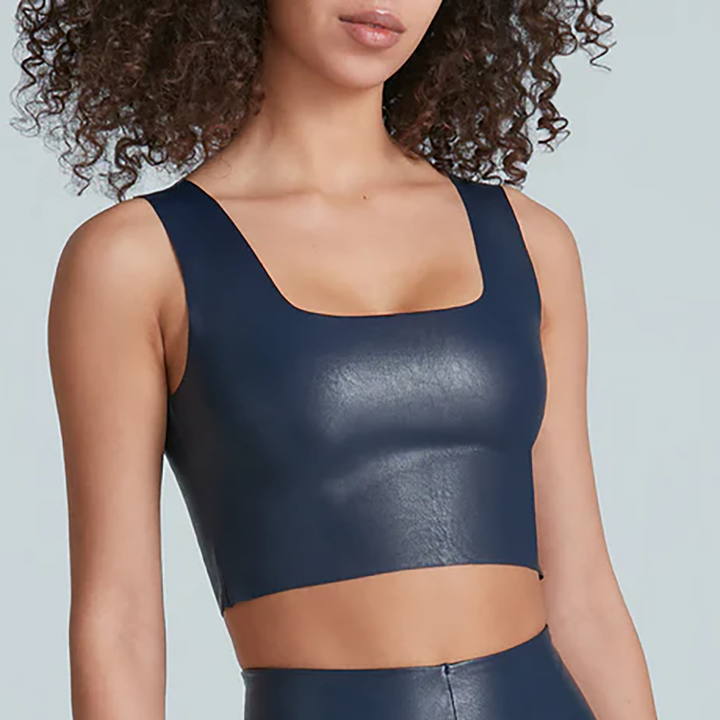 Faux Leather Squareneck Crop Top Navy