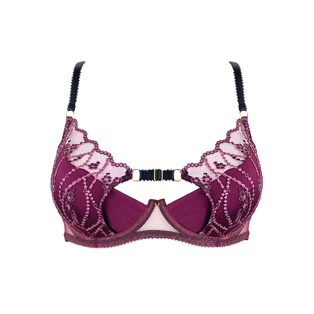 Underwired demi-cup bra neckline fine floral embroidery seduction fuchsia  pink, AGATHE