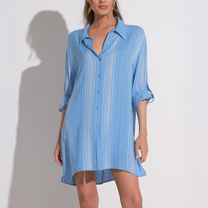 Button Down Shimmer Stripe Cover Up Shirt Dress Blue