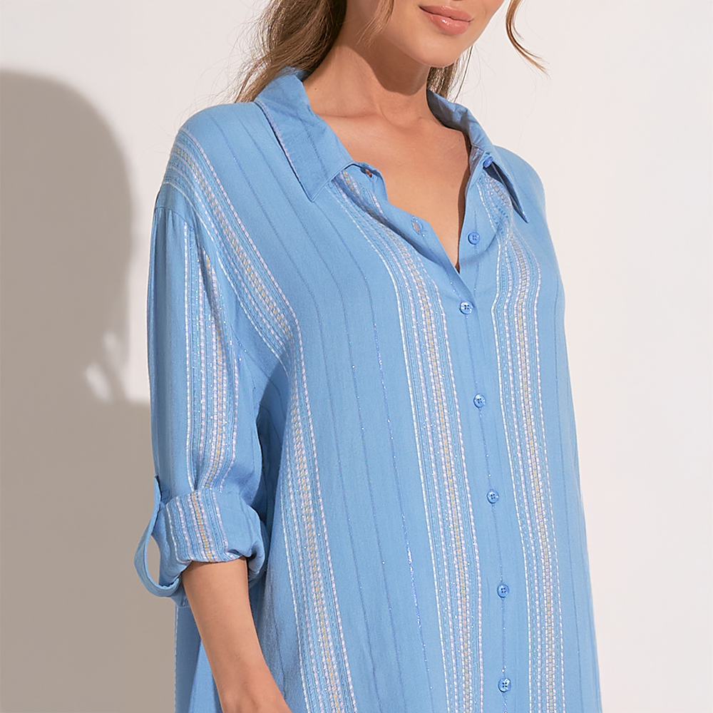 Button Down Shimmer Stripe Cover Up Shirt Dress Blue