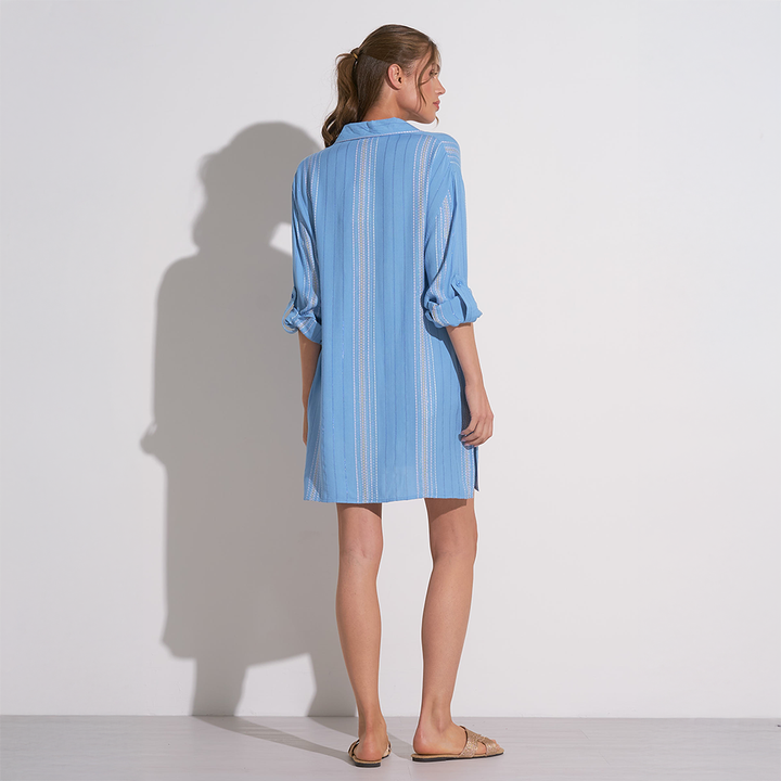 Button Down Shimmer Stripe Cover Up Shirt Dress Blue