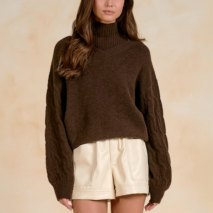 Cable-Sleeve Mock Neck Sweater Brown SW11728