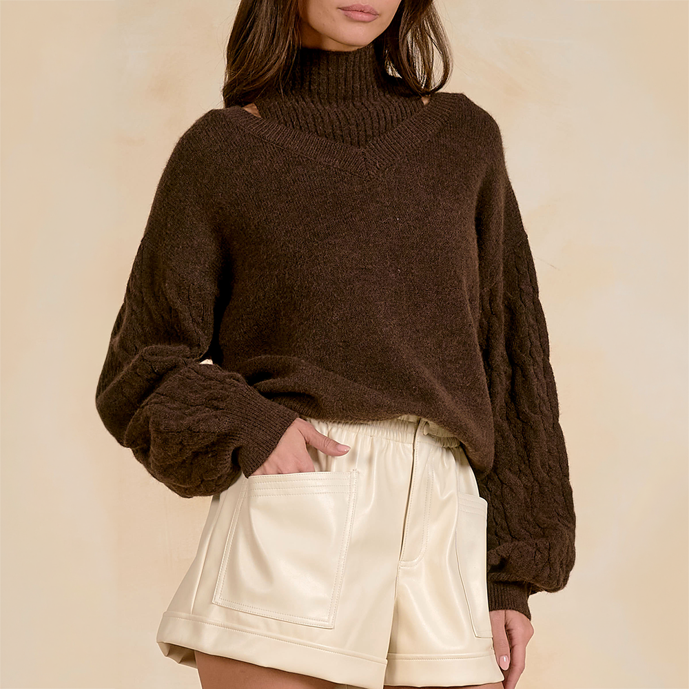 Cable-Sleeve Mock Neck Sweater Brown SW11728