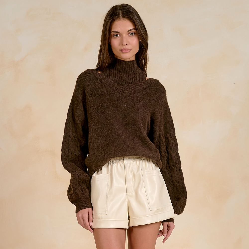 Cable-Sleeve Mock Neck Sweater Brown SW11728