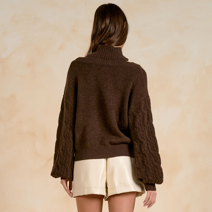 Cable-Sleeve Mock Neck Sweater Brown SW11728
