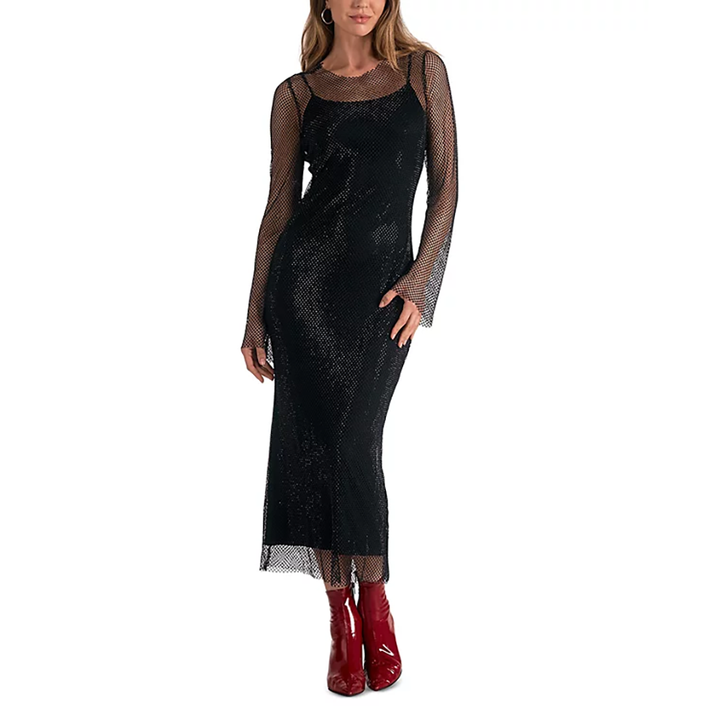 Long Sheer Sleeve Maxi Dress Black