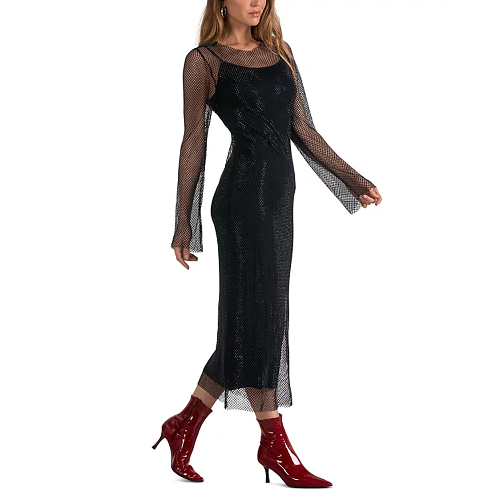 Long Sheer Sleeve Maxi Dress Black