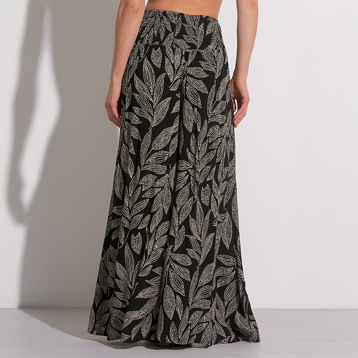 Smocked Waist Tropical Wide Leg Pant Black