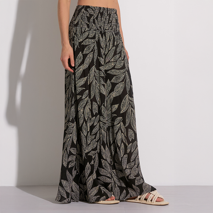 Smocked Waist Tropical Wide Leg Pant Black