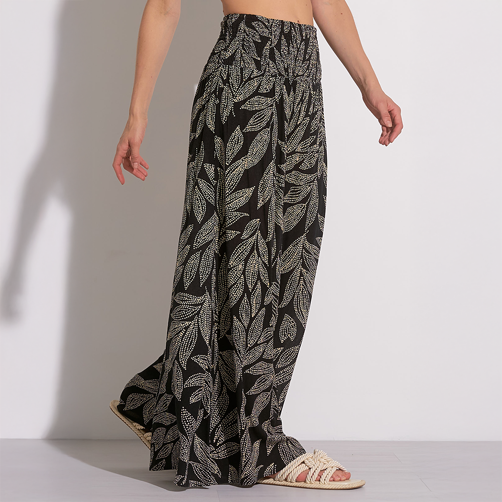 Smocked Waist Tropical Wide Leg Pant Black