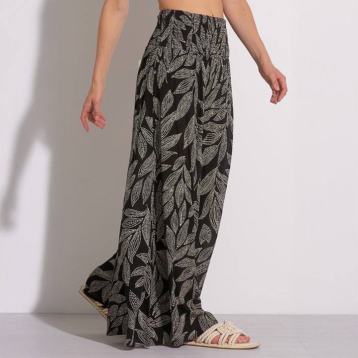 Smocked Waist Tropical Wide Leg Pant Black