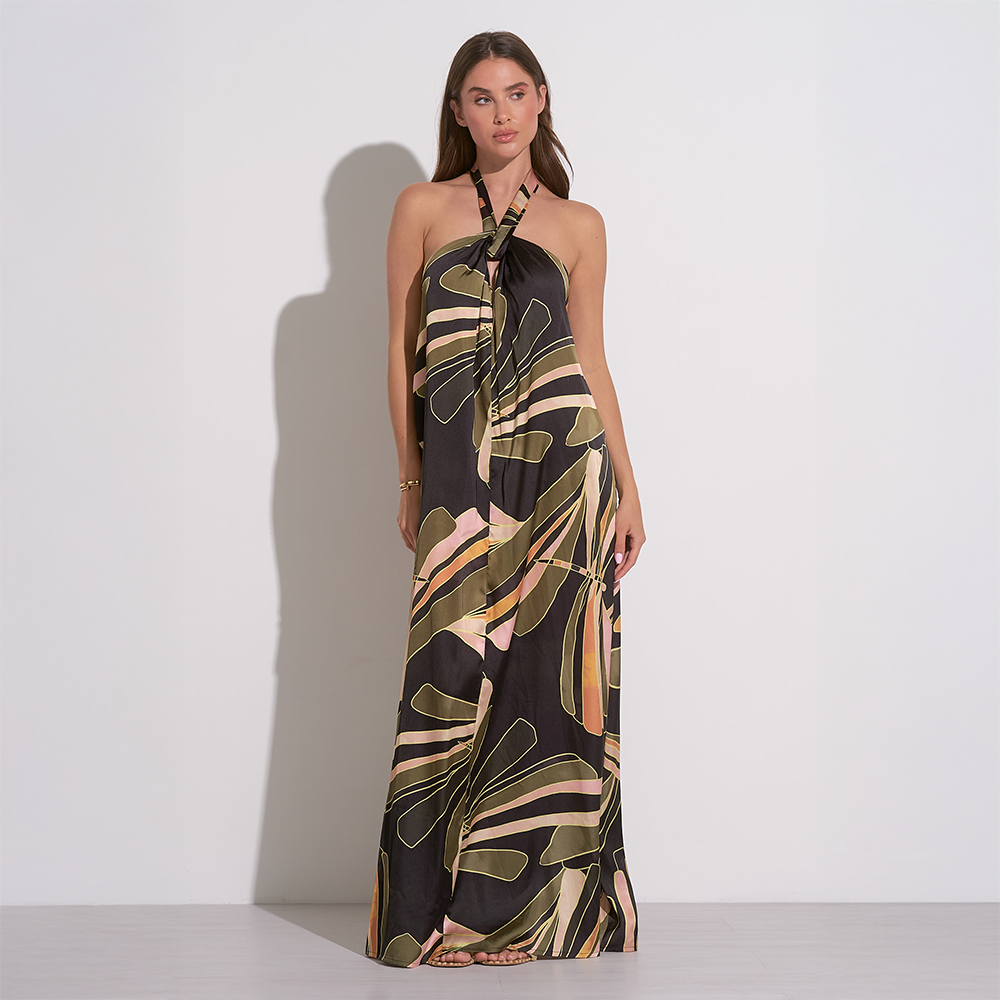 Tropical Keyhole Halter Neck Maxi Dress Black