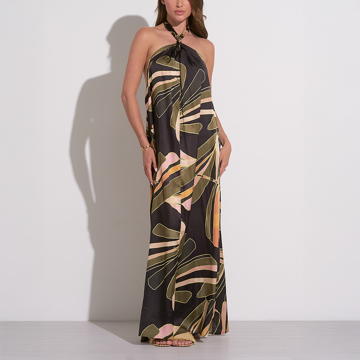 Tropical Keyhole Halter Neck Maxi Dress Black