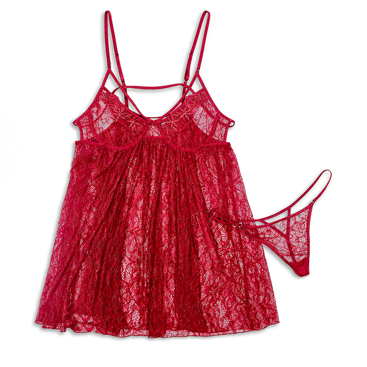 Cassie Underwire Lace Babydoll &amp; Thong Set Red S7104