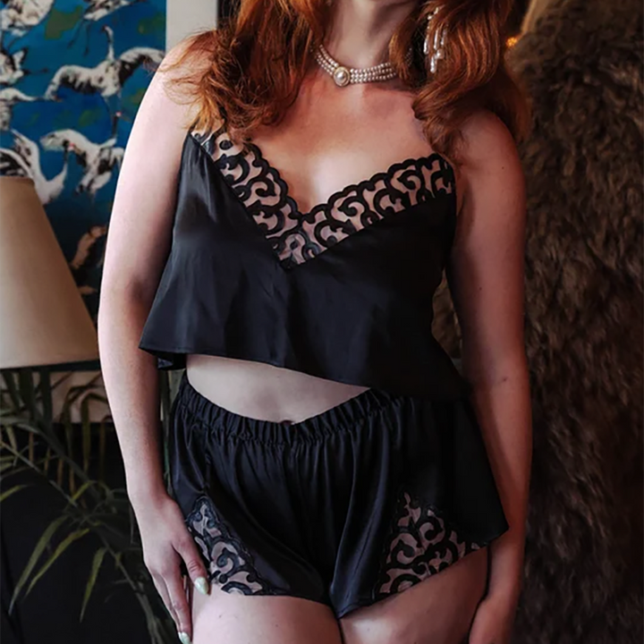 Cami &amp; Boxer Set Satin &amp; Faux Leather 14282