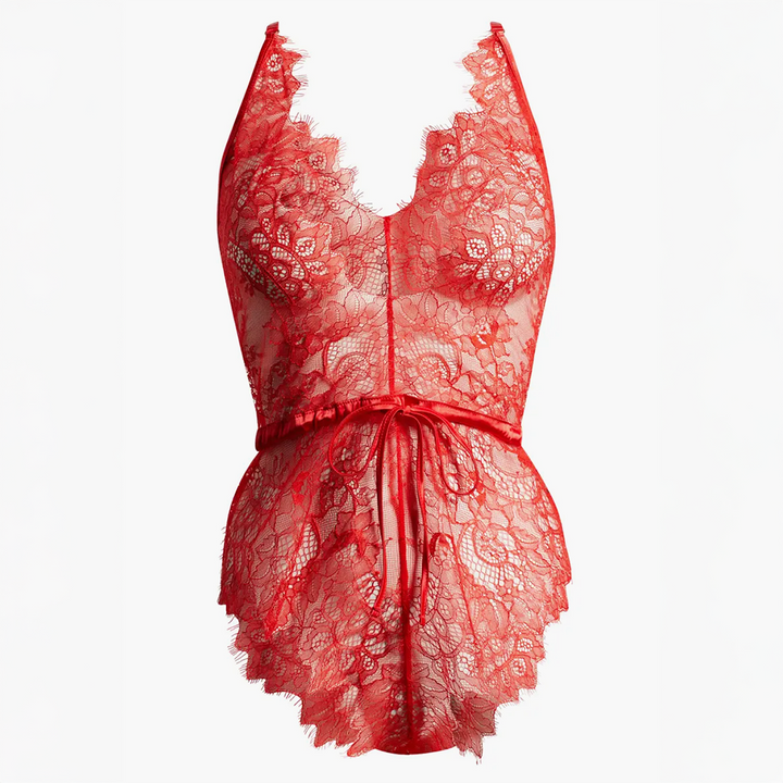 Drawstring Waist Eyelash Lace Teddy Red