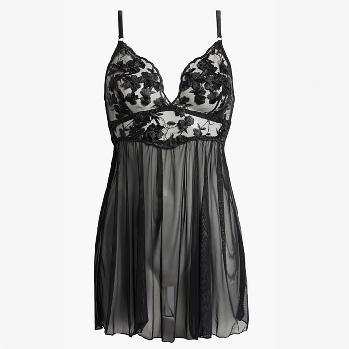 Embroidered Babydoll Chemise Black