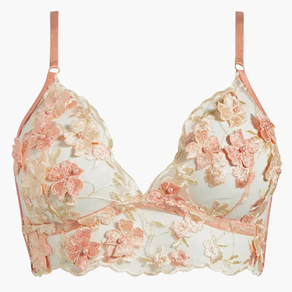 Embroidered Mesh Longline Peach Bralette