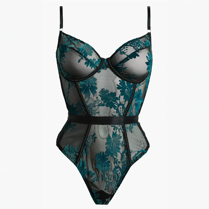 Floral Appliqué Mesh Underwire Bodysuit Green