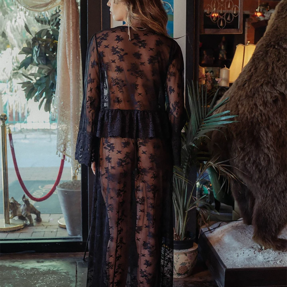 Mixed Lace Maxi Robe Black 17129