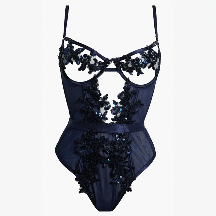 Sequin Floral Appliqué Mesh Underwire Bodysuit Blue