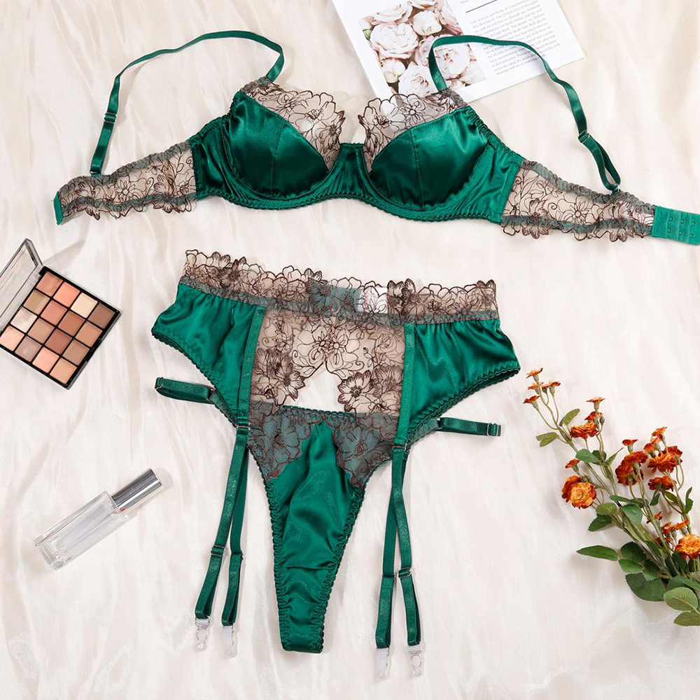 Emerald Envy Satin & Lace Garter 3 Piece Set