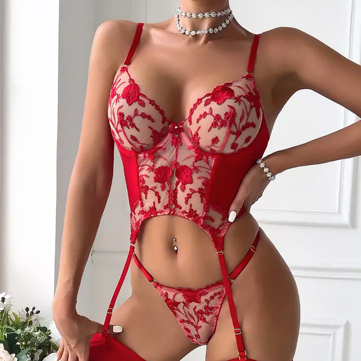 Fire Red Enchantress Embroidered Lace 3 Piece Set