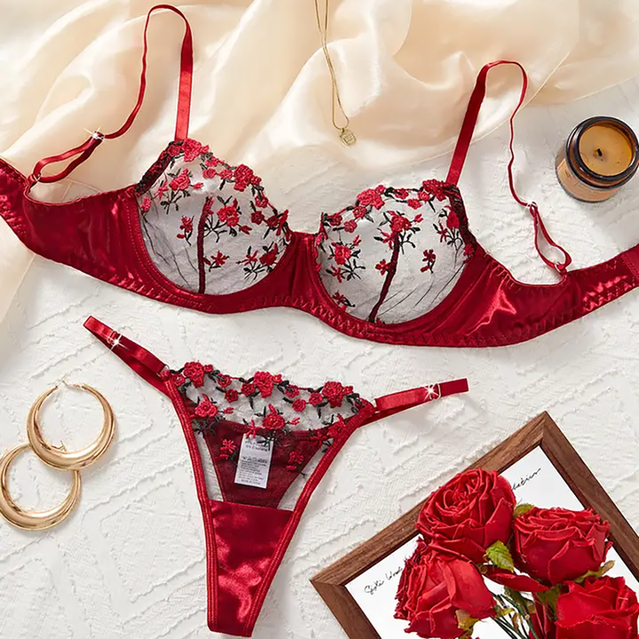 Rose Embroidered Lingerie 2 Piece Set
