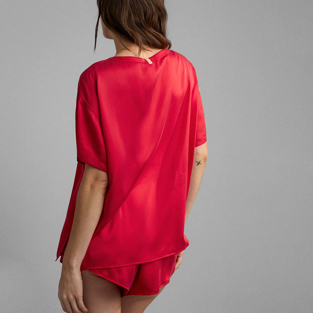 Washable Silk Tee Short Set Carmine Red