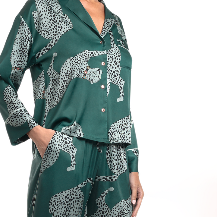 Satin Notch Lapel Pajamas Green RSW145