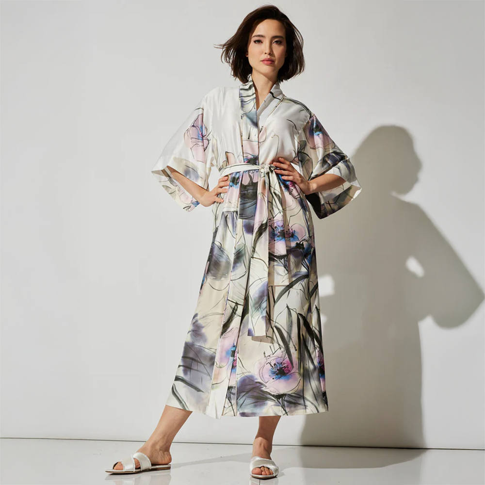 Hiyaku Printed Charmeuse Robe Floral