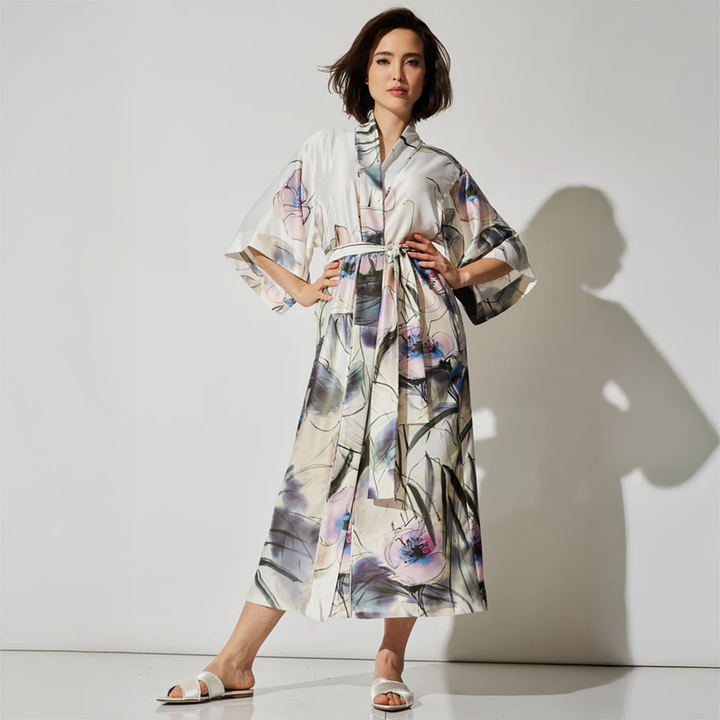 Hiyaku Printed Charmeuse Robe Floral