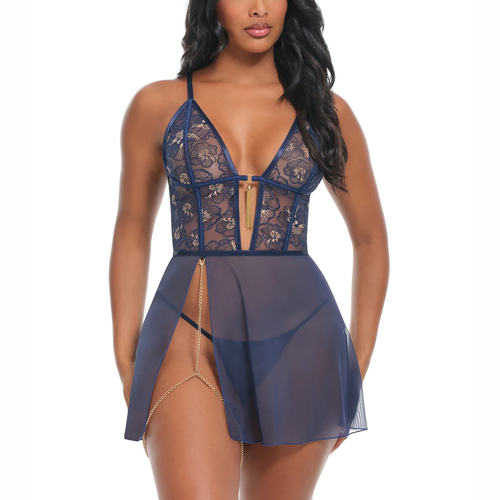 Bleu Sheer Embroidered Babydoll Set 75-12224