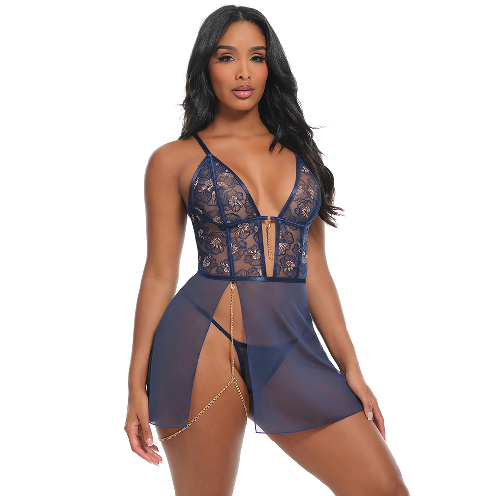Bleu Sheer Embroidered Babydoll Set 75-12224