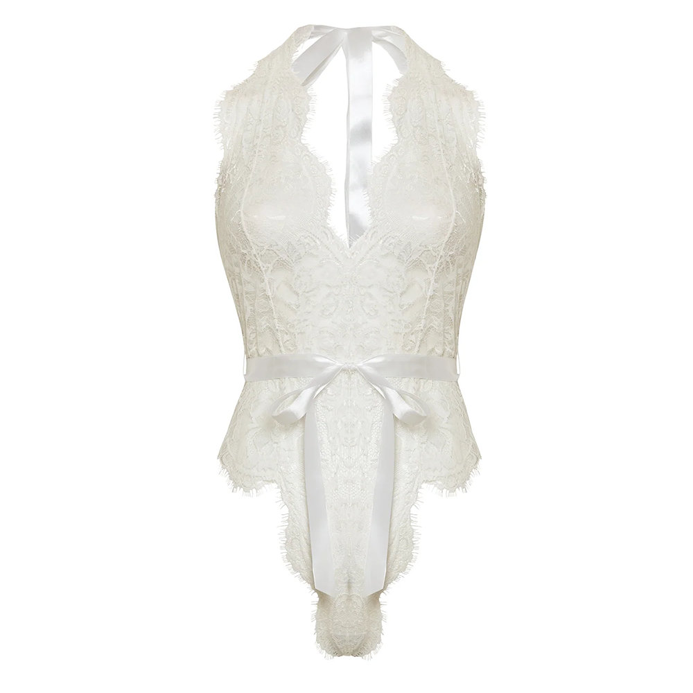 Bridal Naomi Eyelash Lace Halter Teddy White