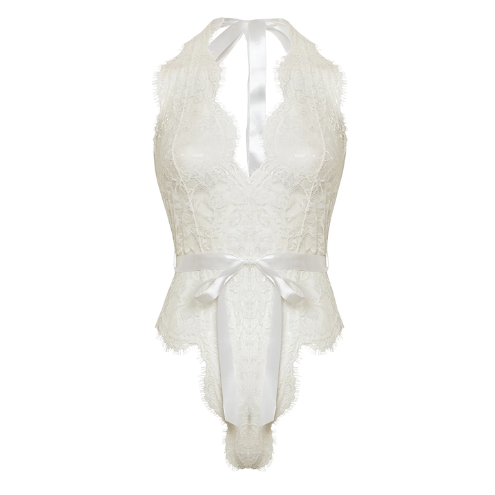 Bridal Naomi Eyelash Lace Halter Teddy White