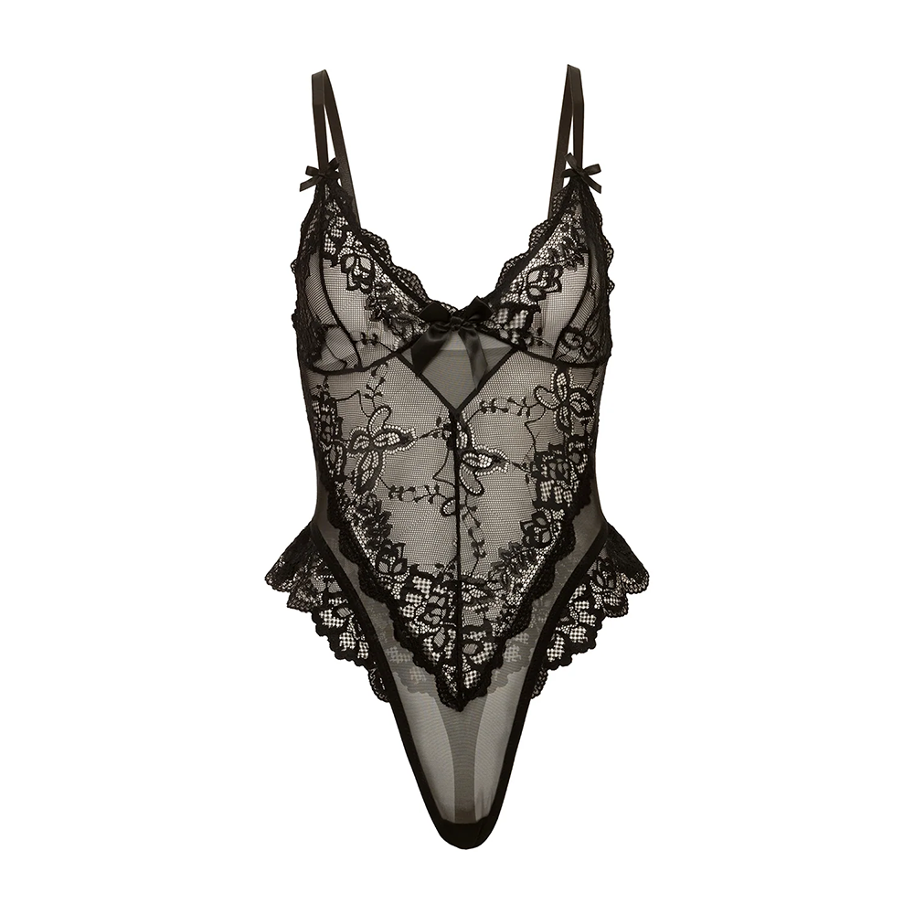 Valentine Sheer Lacey Teddy Black