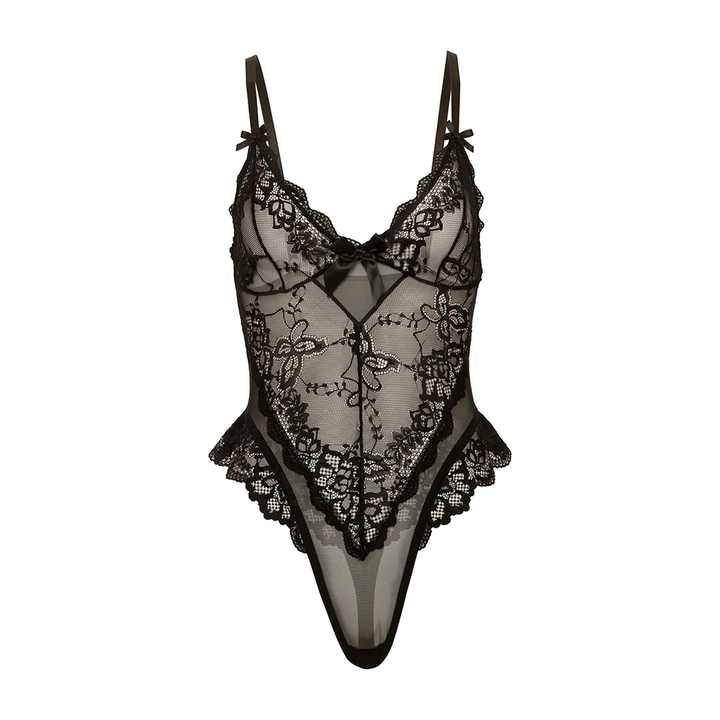 Valentine Sheer Lacey Teddy Black