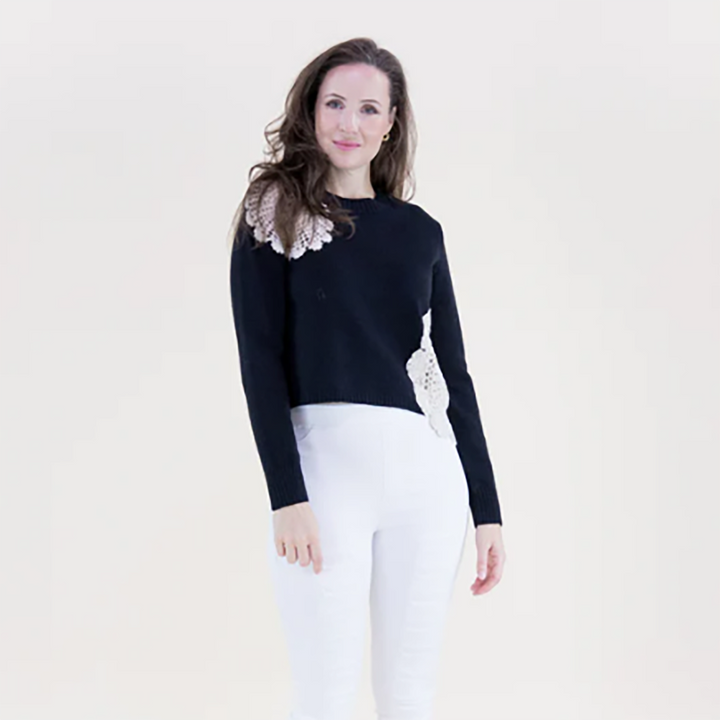 Asymmetrical Crochet Cropped Crew Neck Sweater