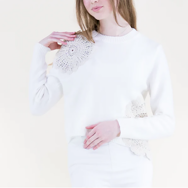 Asymmetrical Crochet Cropped Crew Neck Sweater