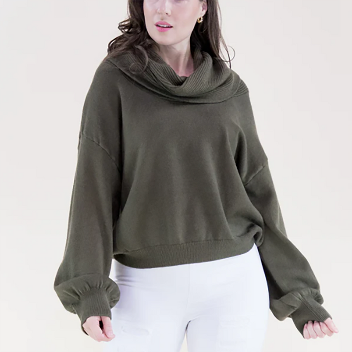 Classy Draped Rib Cowl Neck Sweater Sage