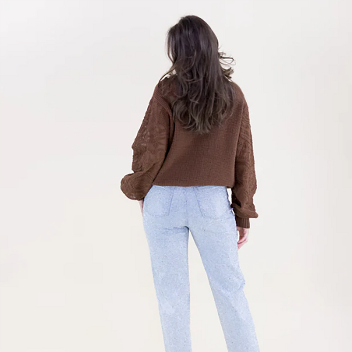 Waffle Stitch Floral Embroidered Sleeves Sweater Brown